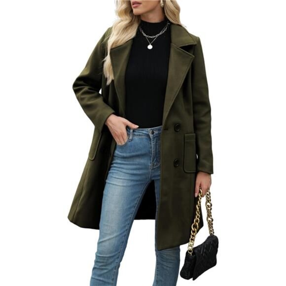 Women Winter Wool Blend Camel Mid-Long Coat Notch Double-Breasted